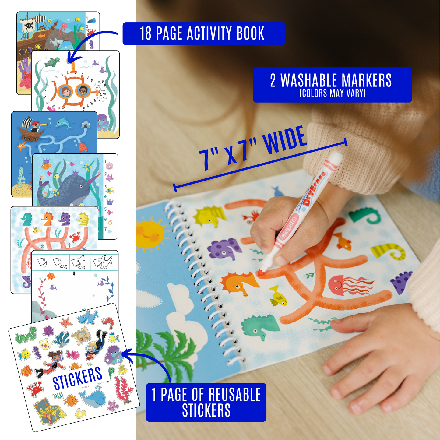 Dry Erase Activity Book with 2 Washable Markers & Reusable Stickers - Small 7" and Lightweight for Car and Airplane Travel- Ages 4, 5, 6