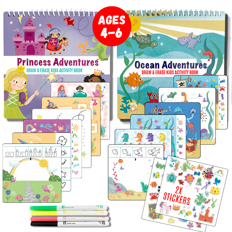 A small dry erase activity book with a space theme, including colorful illustrations of rockets and planets. The set includes two washable markers and a sheet of reusable stickers.