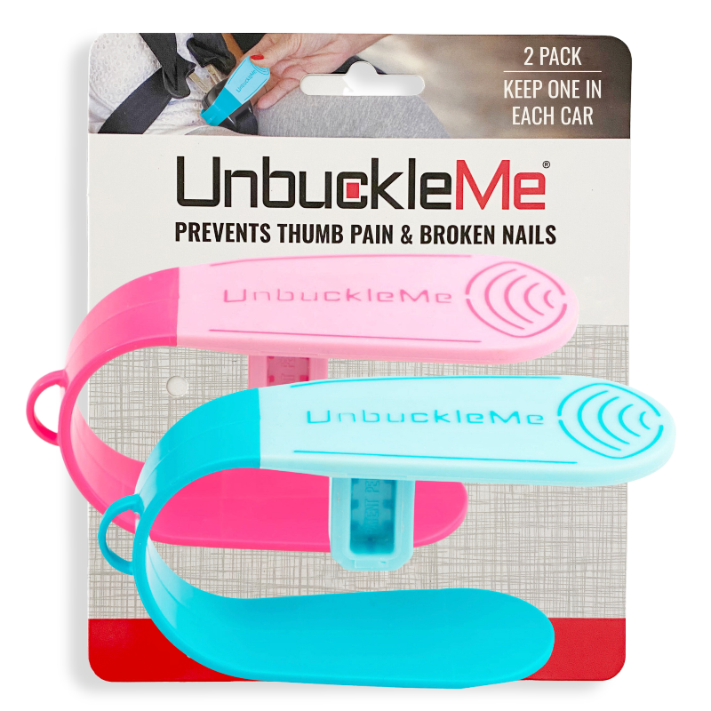 Packaging for UnbuckleMe car seat buckle release tool, featuring two tools in pink and blue colors, with the product name and description.