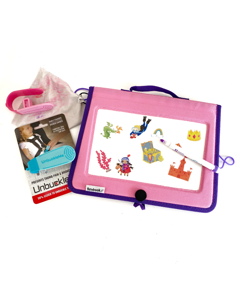 A gift bundle including a pink Totebook with dry erase board and activity booklet, along with two Crayola washable dry erase markers and a UnbuckleMe car seat buckle release tool.