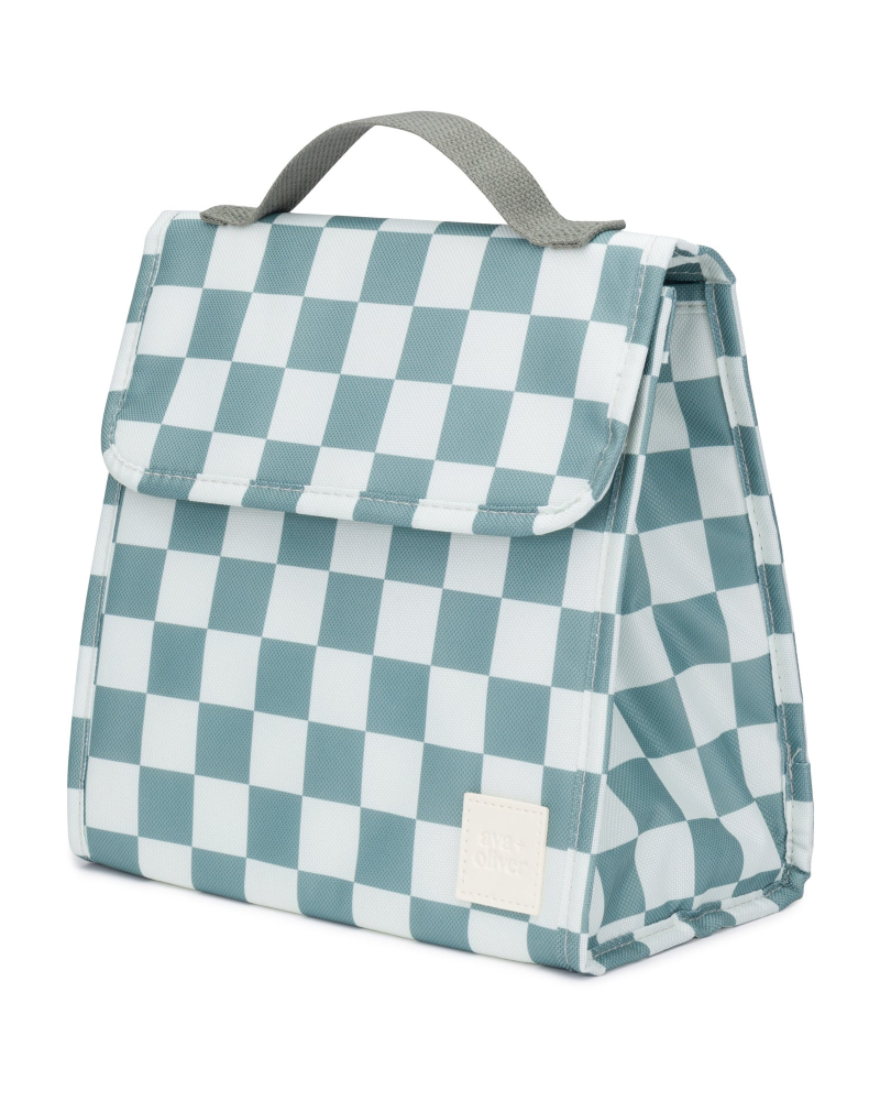 A checkered lunch tote in green and white colors with a top handle and secure Velcro closure.