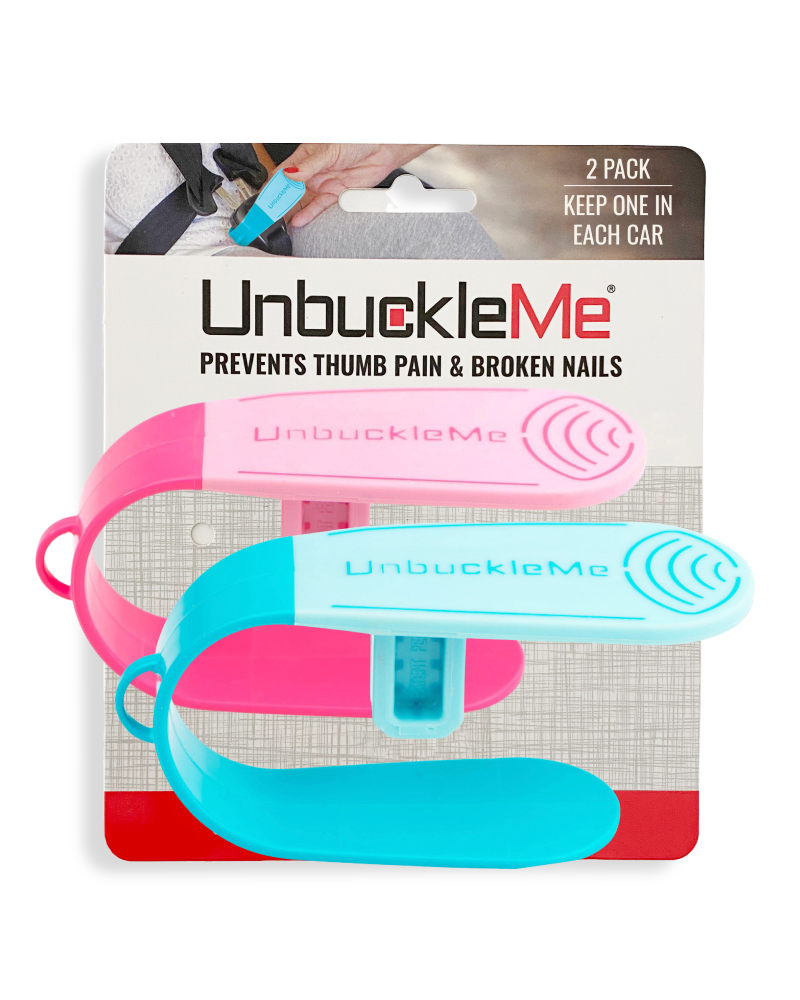 Packaging for UnbuckleMe car seat buckle release tool, featuring two tools in pink and blue colors, with the product name and description.