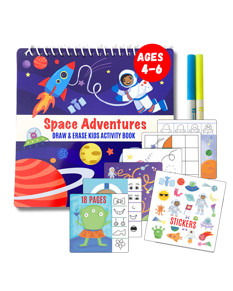 A small dry erase activity book with a space theme, including colorful illustrations of rockets and planets. The set includes two washable markers and a sheet of reusable stickers.