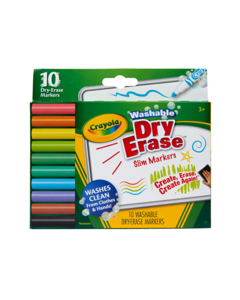 A pack of Crayola Washable Dry-Erase Markers with 10 slim tip markers in various colors, displayed in its retail packaging.