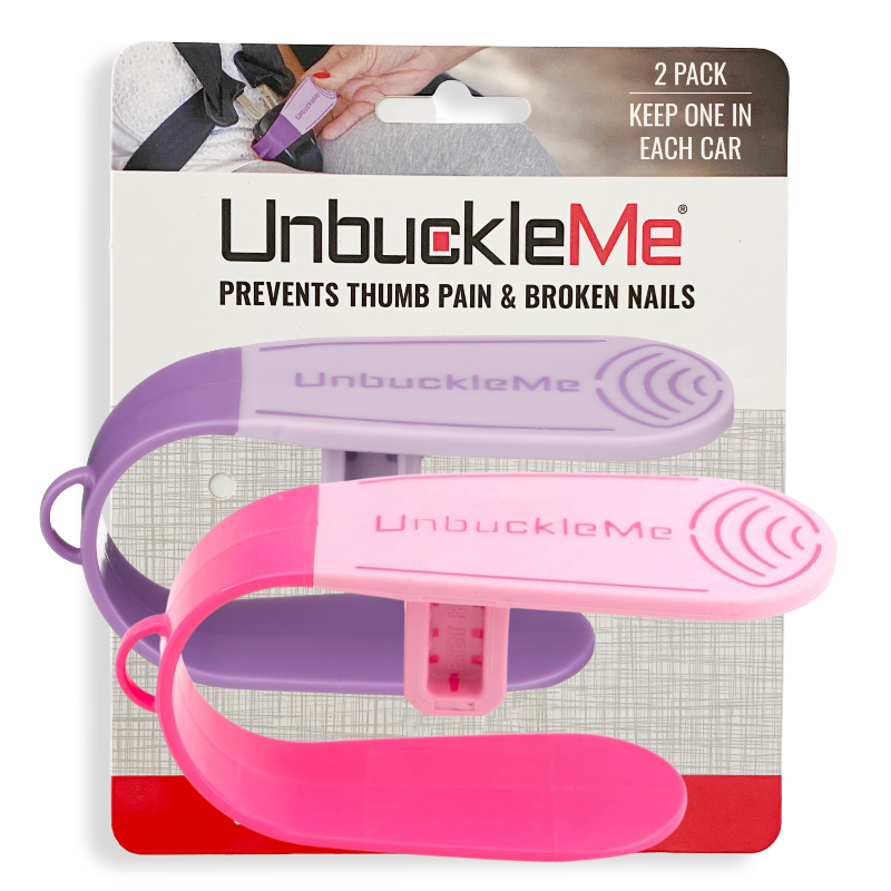 Packaging for UnbuckleMe car seat buckle release tool, featuring two tools in pink and blue colors, with the product name and description.