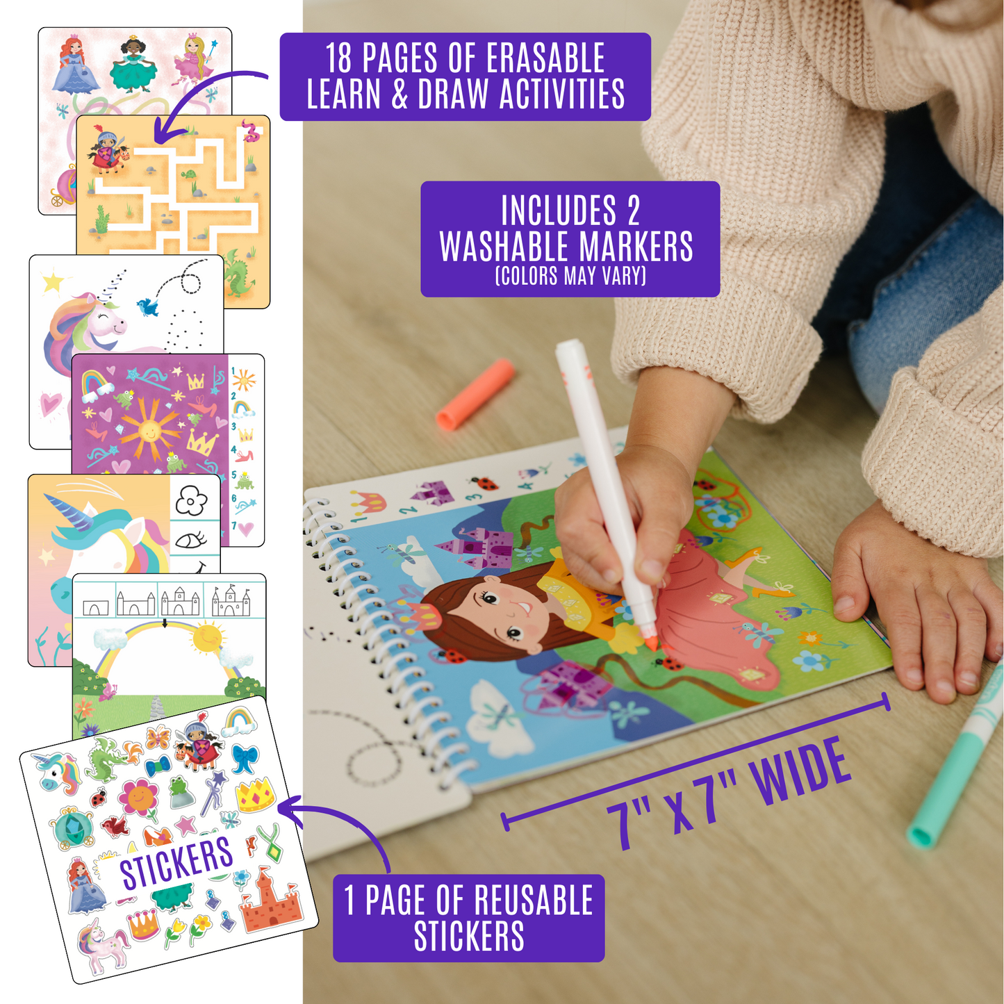 Dry Erase Activity Book with 2 Washable Markers & Reusable Stickers - Small 7" and Lightweight for Car and Airplane Travel- Ages 4, 5, 6