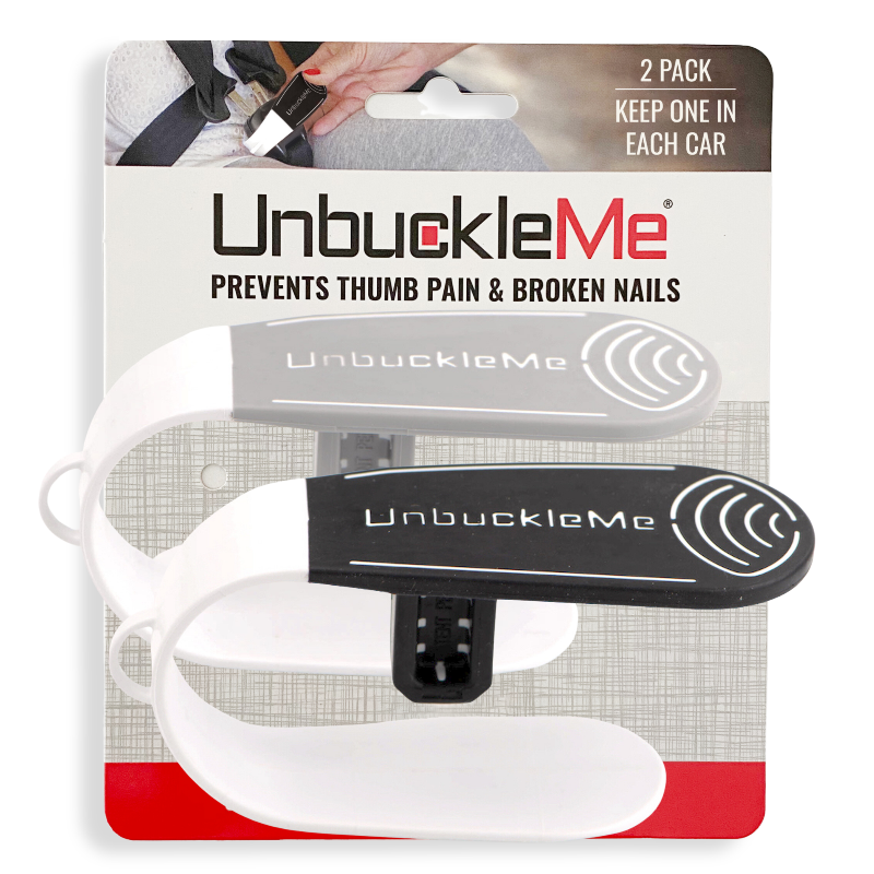 Packaging for UnbuckleMe car seat buckle release tool, featuring two tools in pink and blue colors, with the product name and description.