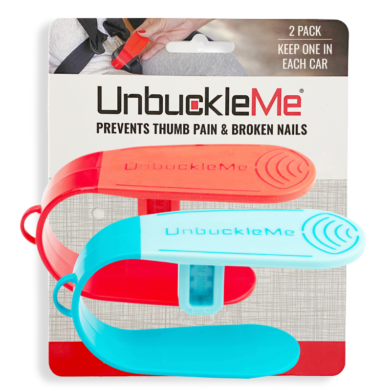 Packaging for UnbuckleMe car seat buckle release tool, featuring two tools in pink and blue colors, with the product name and description.
