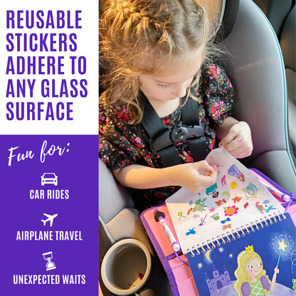 Kids Dry Erase Travel Activity Book with Washable Markers - Car or Airplane Activities and Reusable Stickers for Ages 4-6 Yrs