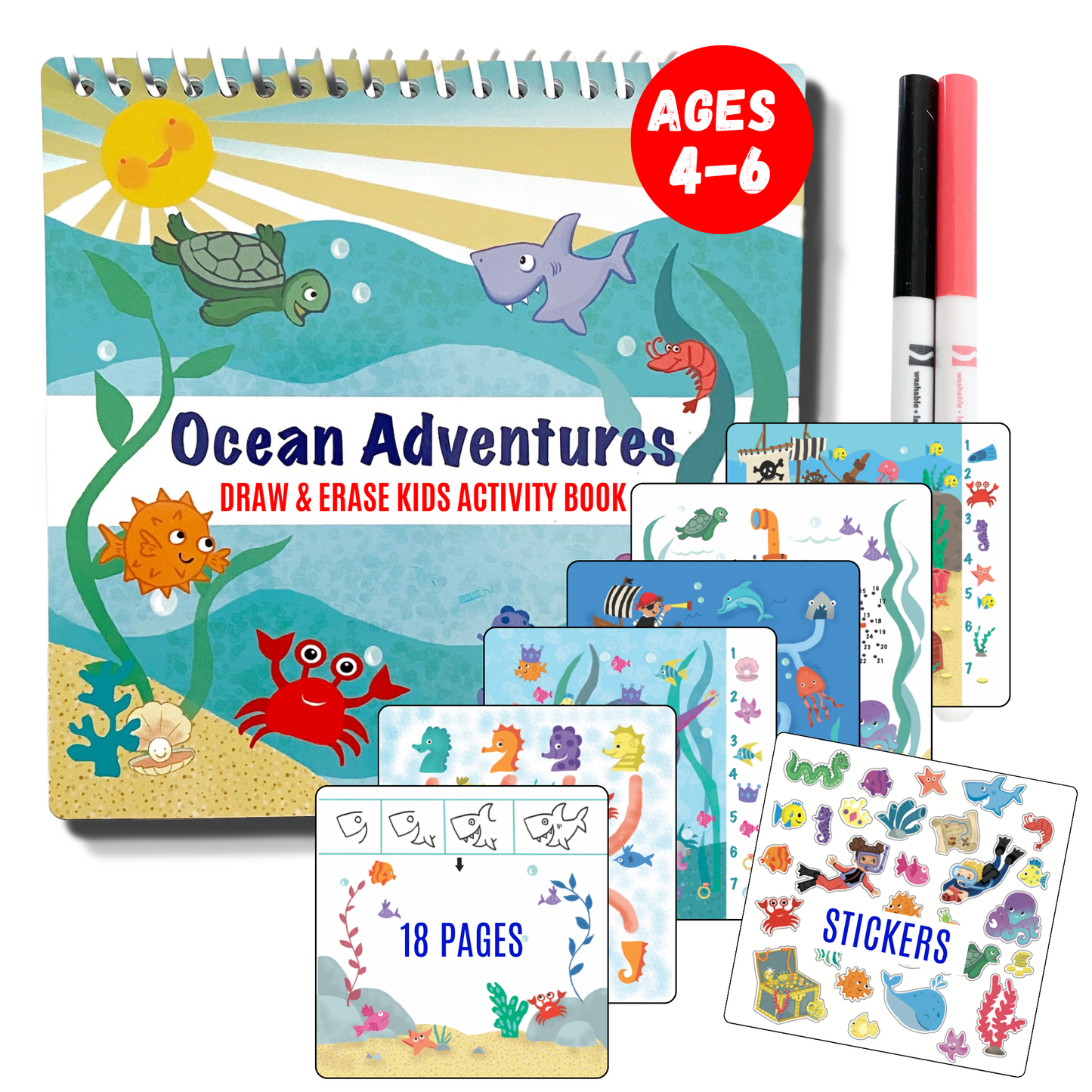 Small 7" Dry Erase Activity Book (incl. 2 Washable Markers & Reusable Stickers)