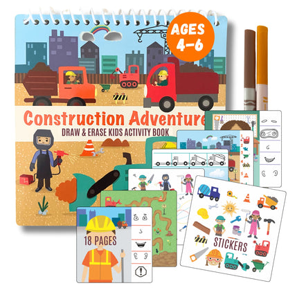 Kids Dry Erase Travel Activity Book with Washable Markers - Car or Airplane Activities and Reusable Stickers for Ages 4-6 Yrs