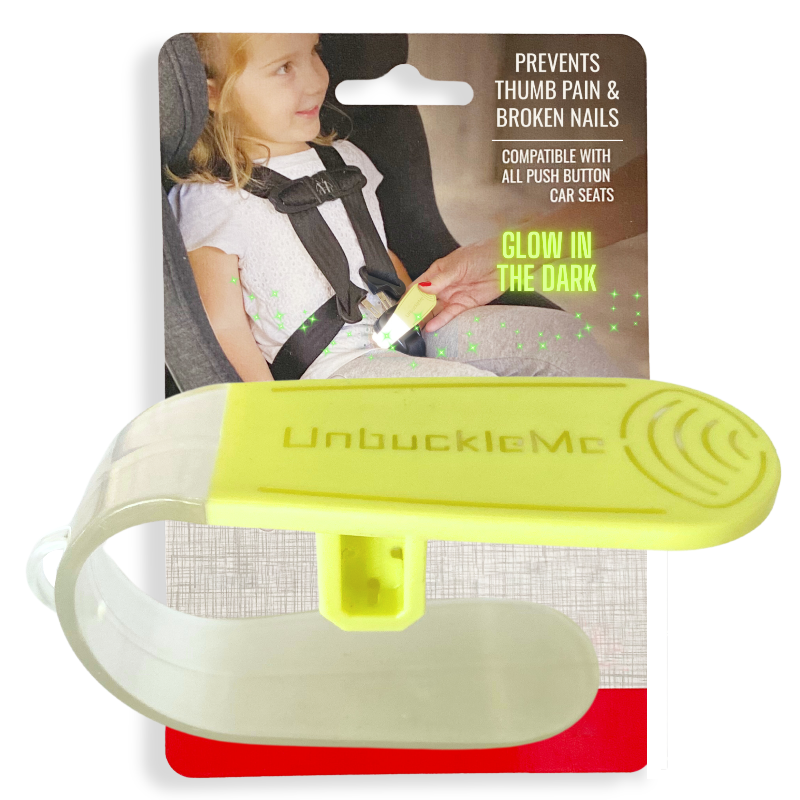 The product image shows a glow in the dark UnbuckleMe tool with a lever arm, designed to help unbuckle car seat buckles. It is packaged in a card showing the tool and its use.