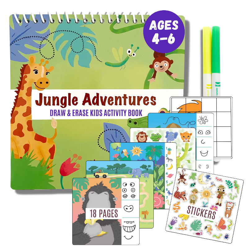 Travel activity book for kids featuring a dry erase surface, markers, stickers, and a tote case, with a focus on mazes, drawing, and tracing activities.