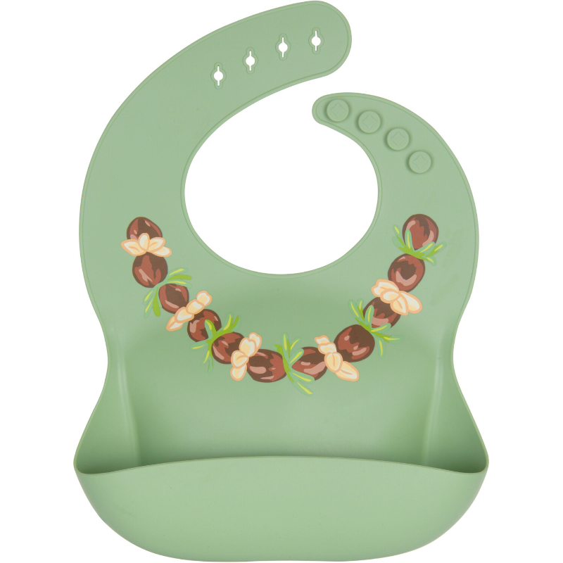 A silicone bib in a light pink color with adjustable neck straps and a pocket for food-catching.