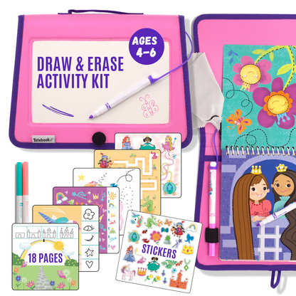 Kids Dry Erase Travel Activity Book with Washable Markers - Car or Airplane Activities and Reusable Stickers for Ages 4-6 Yrs