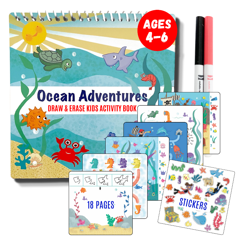Travel activity book for kids featuring a dry erase surface, markers, stickers, and a tote case, with a focus on mazes, drawing, and tracing activities.
