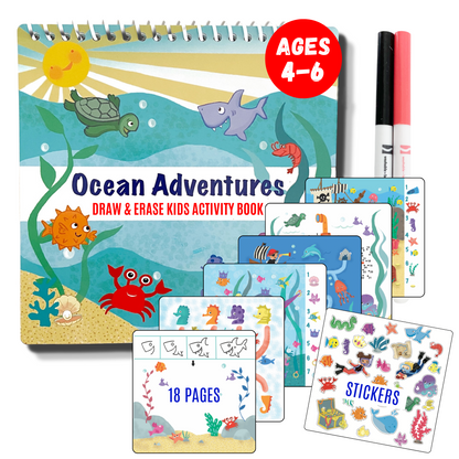 Kids Dry Erase Travel Activity Book with Washable Markers - Car or Airplane Activities and Reusable Stickers for Ages 4-6 Yrs