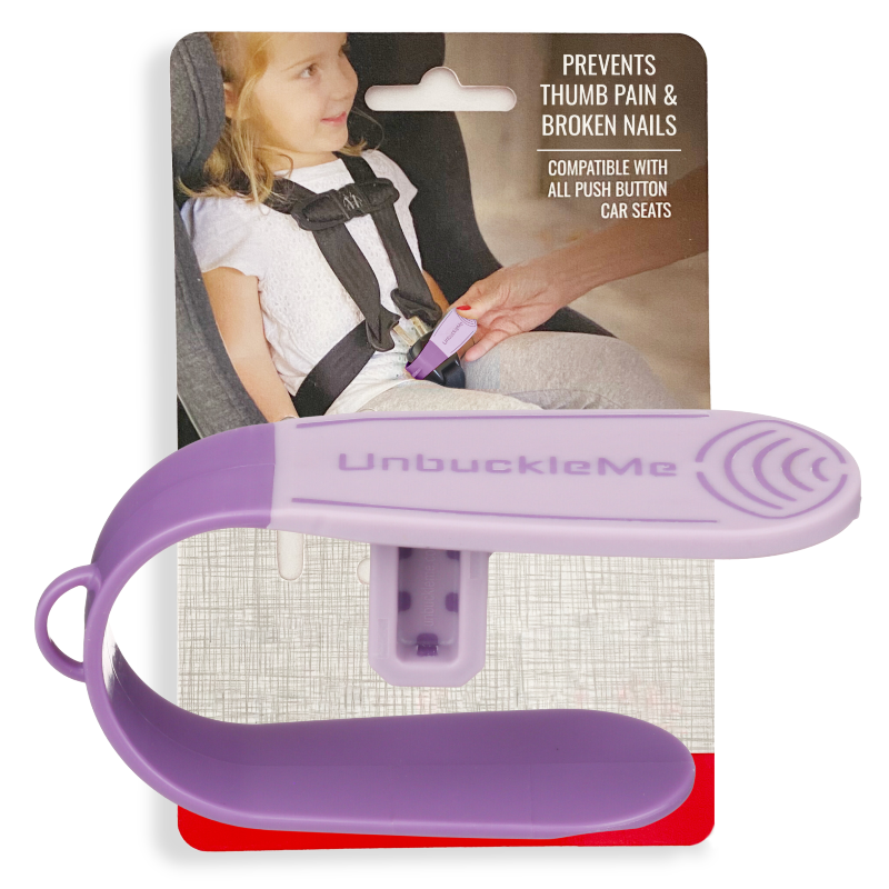 The product image shows a purple UnbuckleMe tool with a lever arm, designed to help unbuckle car seat buckles. It is packaged in a card showing the tool and its use.