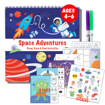 Kids Dry Erase Travel Activity Book with Washable Markers - Car or Airplane Activities and Reusable Stickers for Ages 4-6 Yrs