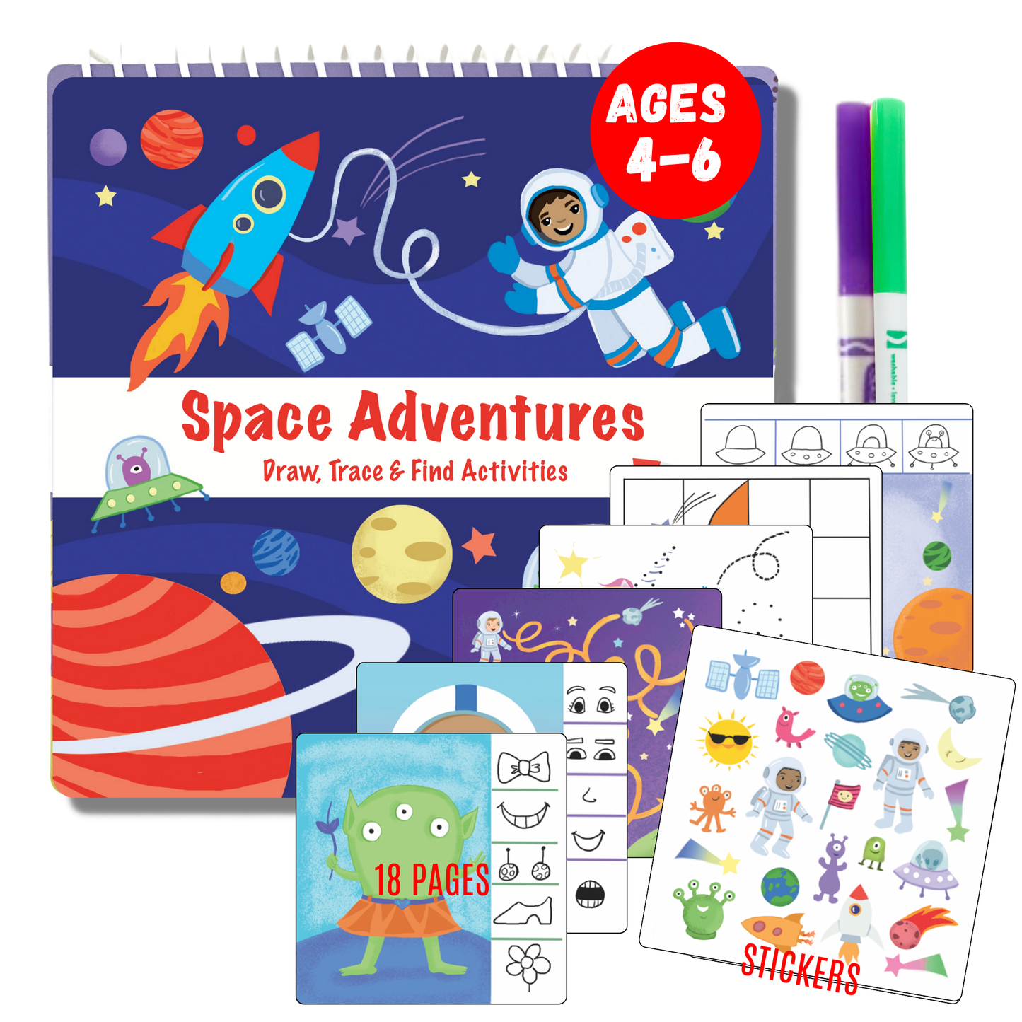 Dry Erase Activity Book with 2 Washable Markers & Reusable Stickers - Small 7" and Lightweight for Car and Airplane Travel- Ages 4, 5, 6