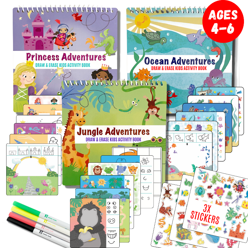 Small 7" Dry Erase Activity Book (incl. 2 Washable Markers & Reusable Stickers)