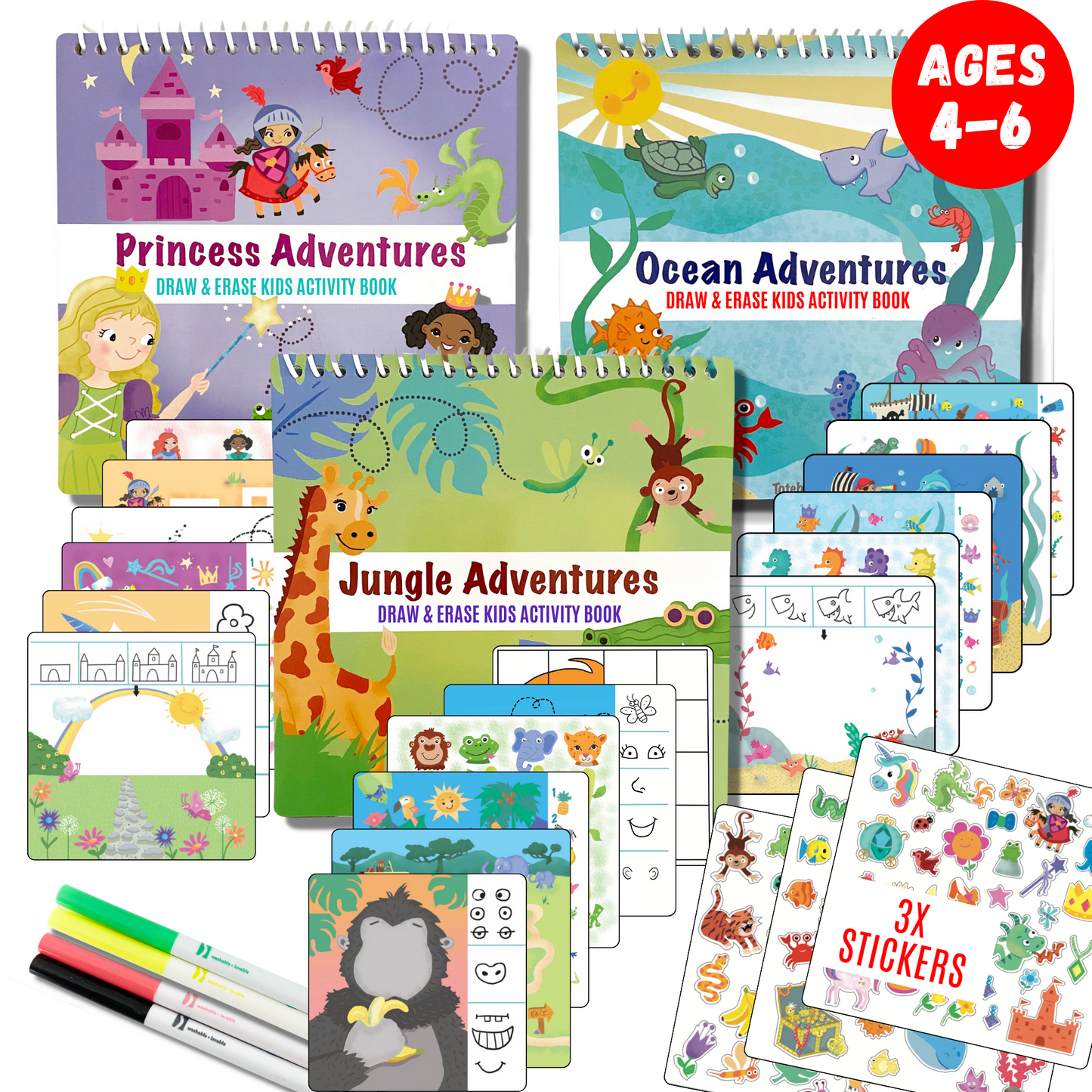 Totebook Kids Travel Educational Activity Book with Washable Markers - Car and Airplane Activities, Learning Toys for Toddlers- Search and Find, Reusable Stickers for Ages 4, 5, 6