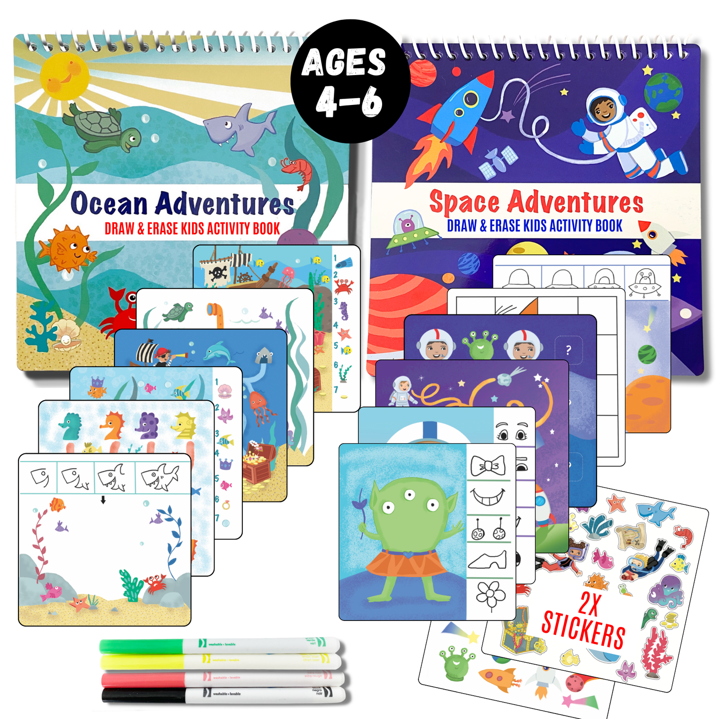 Dry Erase Activity Book with 2 Washable Markers & Reusable Stickers - Small 7" and Lightweight for Car and Airplane Travel- Ages 4, 5, 6