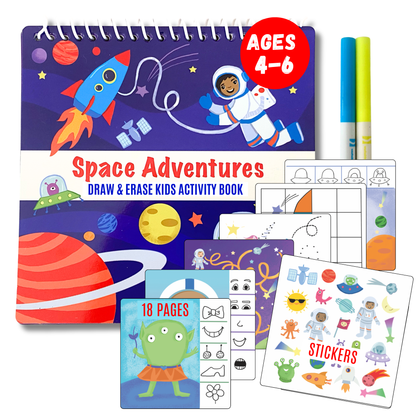 Kids Dry Erase Travel Activity Book with Washable Markers - Car or Airplane Activities and Reusable Stickers for Ages 4-6 Yrs