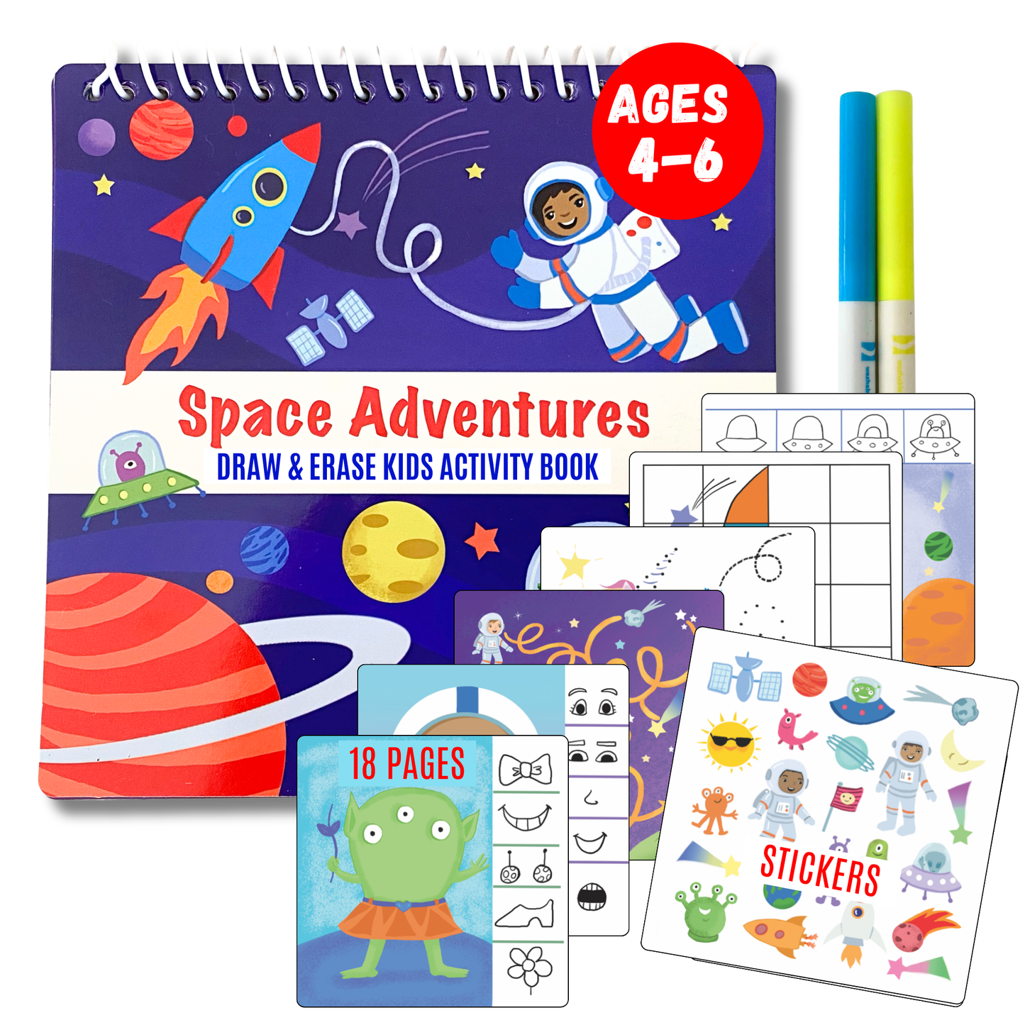 Dry Erase Activity Book with 2 Washable Markers & Reusable Stickers - Small 7" and Lightweight for Car and Airplane Travel- Ages 4, 5, 6