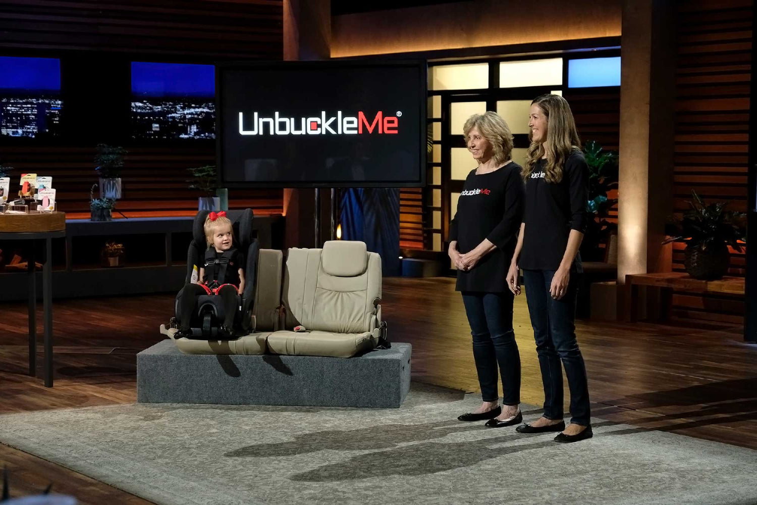 Photo of the two founder of UnbuckleMe, Becca and Barbara, presenting their product on Shark Tank TV show