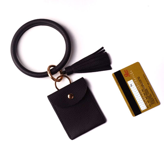 Black Leather Wristlet Keychain with Credit Card Pouch