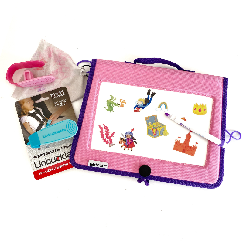 A gift bundle including a pink Totebook with dry erase board and activity booklet, along with two Crayola washable dry erase markers and a UnbuckleMe car seat buckle release tool.