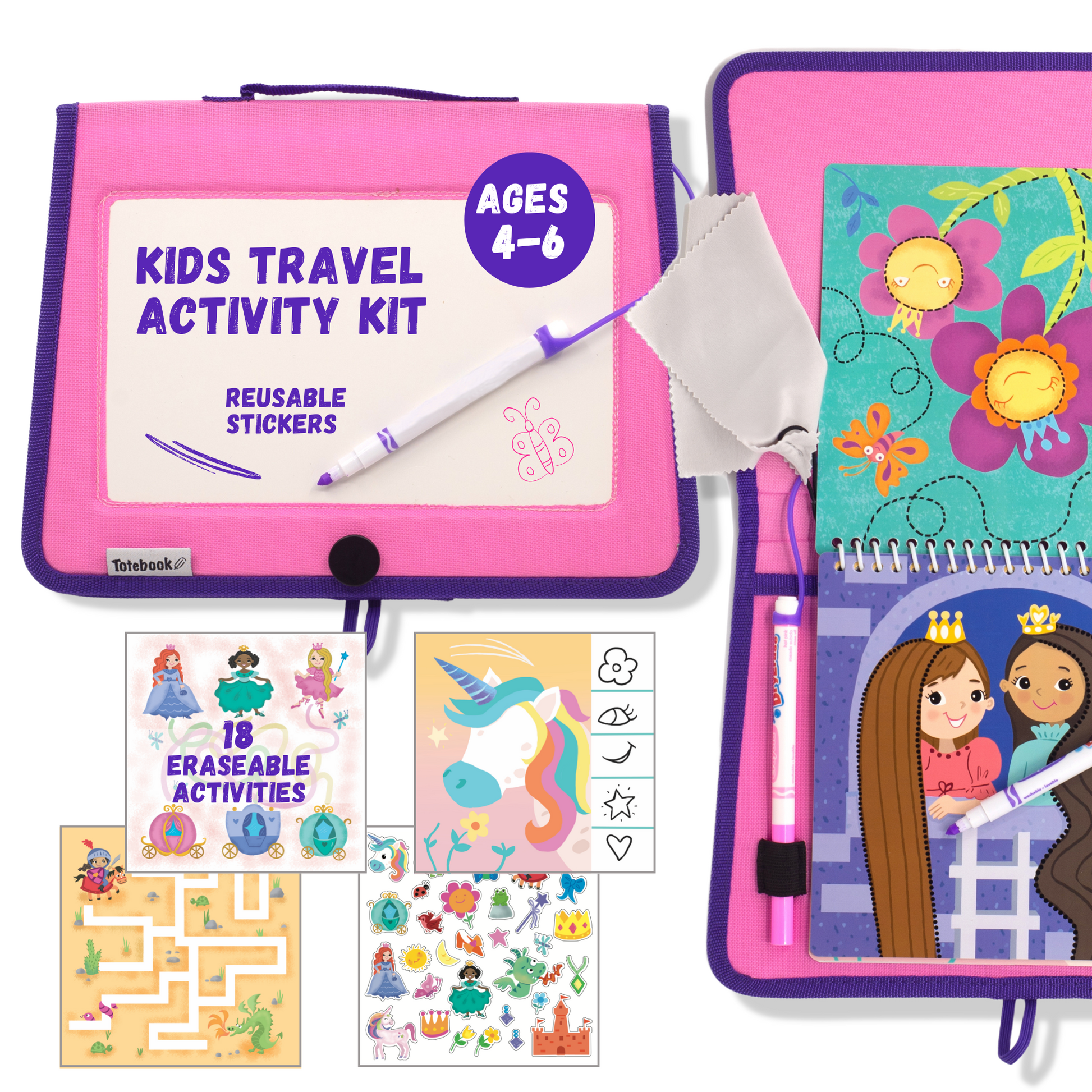  Totebook Replacement Book for Kids Travel Dry Erase Activity  Kit for Ages 3-8, Includes Two Washable Markers, Mazes, Seek Find,  Coloring, Drawing, Road Trips, Car Travel, Reusable Stickers (Princess) :  Toys